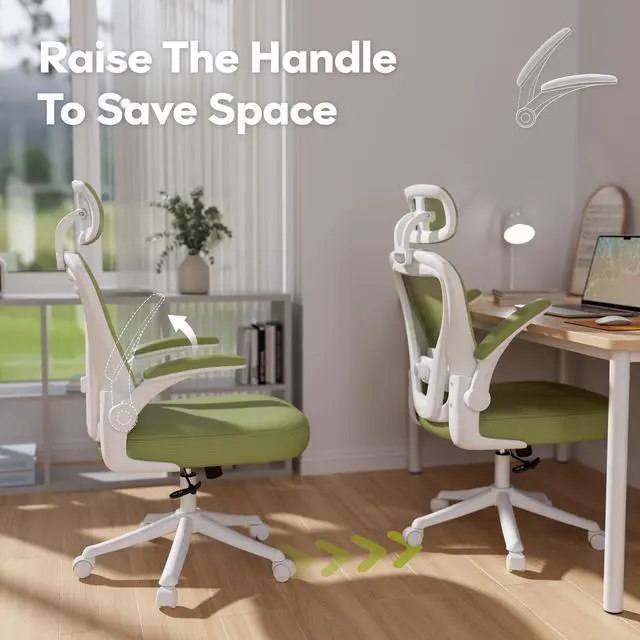 Alt view image 4 of 6 - Ergonomic Office Chair M903, Computer Desk Chair with Wheels, High Back Mesh Office Chair with Adjustable Lumbar Support, Headrest, Flip-Up Armrests, Green