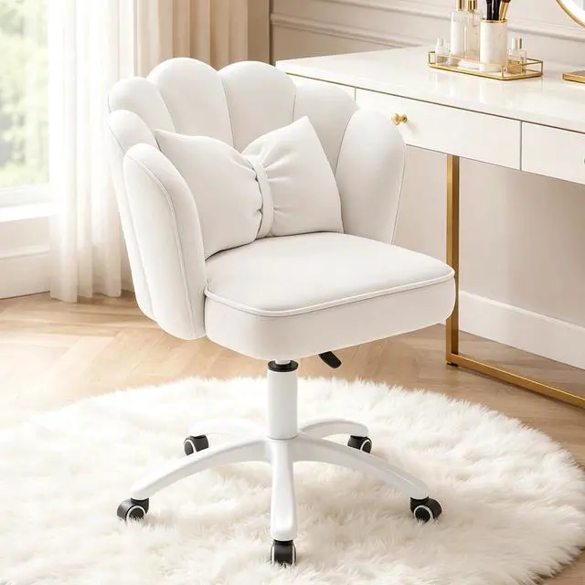 Main image of Vanity Chair with Wheels Velvet Petal Desk Chair Upholstered Tufted Home Office Chair for Women Girls, Height Adjustable Makeup Task Chair for Bedroom Living Room, White