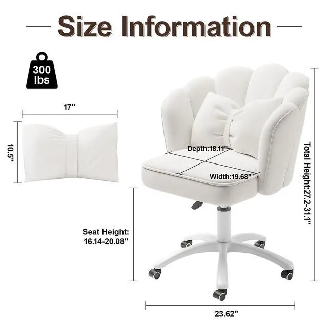 Alt view image 2 of 6 - Vanity Chair with Wheels Velvet Petal Desk Chair Upholstered Tufted Home Office Chair for Women Girls, Height Adjustable Makeup Task Chair for Bedroom Living Room, White