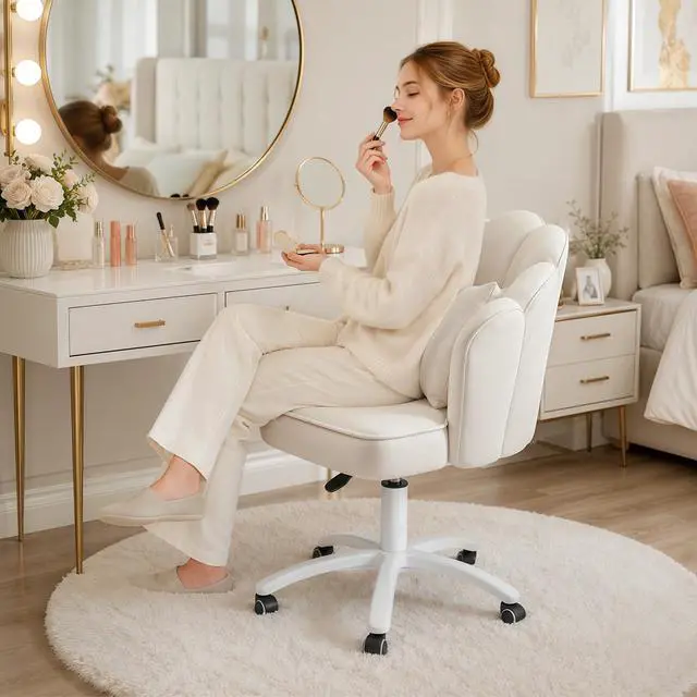 Alt view image 3 of 6 - Vanity Chair with Wheels Velvet Petal Desk Chair Upholstered Tufted Home Office Chair for Women Girls, Height Adjustable Makeup Task Chair for Bedroom Living Room, White