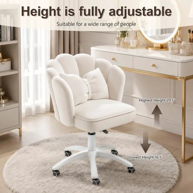 Alt view image 4 of 6 - Vanity Chair with Wheels Velvet Petal Desk Chair Upholstered Tufted Home Office Chair for Women Girls, Height Adjustable Makeup Task Chair for Bedroom Living Room, White