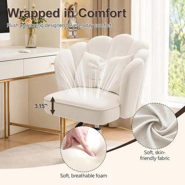 Alt view image 5 of 6 - Vanity Chair with Wheels Velvet Petal Desk Chair Upholstered Tufted Home Office Chair for Women Girls, Height Adjustable Makeup Task Chair for Bedroom Living Room, White