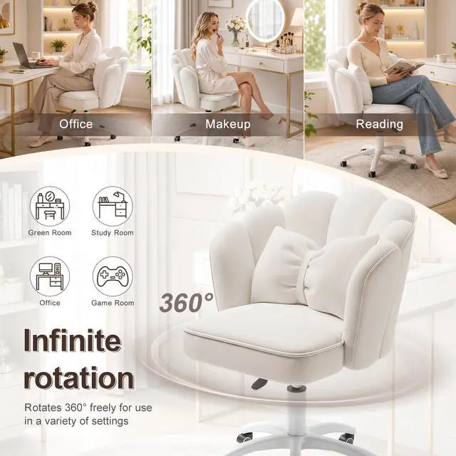 Alt view image 6 of 6 - Vanity Chair with Wheels Velvet Petal Desk Chair Upholstered Tufted Home Office Chair for Women Girls, Height Adjustable Makeup Task Chair for Bedroom Living Room, White