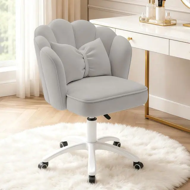Main image of Vanity Chair with Wheels Velvet Petal Desk Chair Upholstered Tufted Home Office Chair for Women Girls, Height Adjustable Makeup Task Chair for Bedroom Living Room, Grey