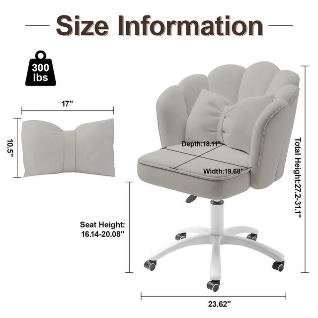 Alt view image 2 of 6 - Vanity Chair with Wheels Velvet Petal Desk Chair Upholstered Tufted Home Office Chair for Women Girls, Height Adjustable Makeup Task Chair for Bedroom Living Room, Grey
