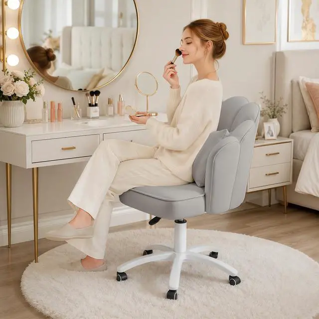 Alt view image 3 of 6 - Vanity Chair with Wheels Velvet Petal Desk Chair Upholstered Tufted Home Office Chair for Women Girls, Height Adjustable Makeup Task Chair for Bedroom Living Room, Grey