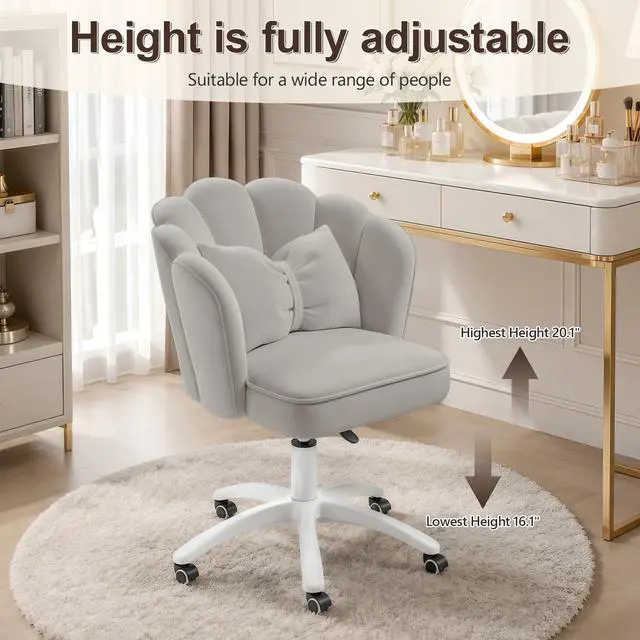 Alt view image 4 of 6 - Vanity Chair with Wheels Velvet Petal Desk Chair Upholstered Tufted Home Office Chair for Women Girls, Height Adjustable Makeup Task Chair for Bedroom Living Room, Grey