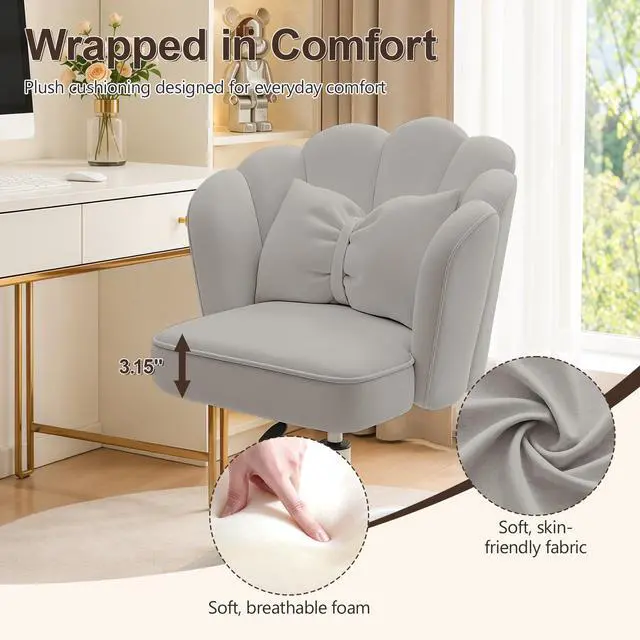 Alt view image 5 of 6 - Vanity Chair with Wheels Velvet Petal Desk Chair Upholstered Tufted Home Office Chair for Women Girls, Height Adjustable Makeup Task Chair for Bedroom Living Room, Grey