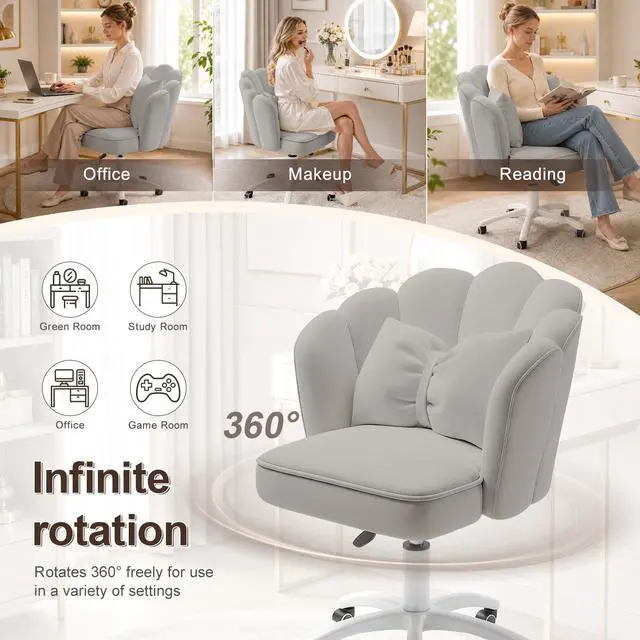 Alt view image 6 of 6 - Vanity Chair with Wheels Velvet Petal Desk Chair Upholstered Tufted Home Office Chair for Women Girls, Height Adjustable Makeup Task Chair for Bedroom Living Room, Grey