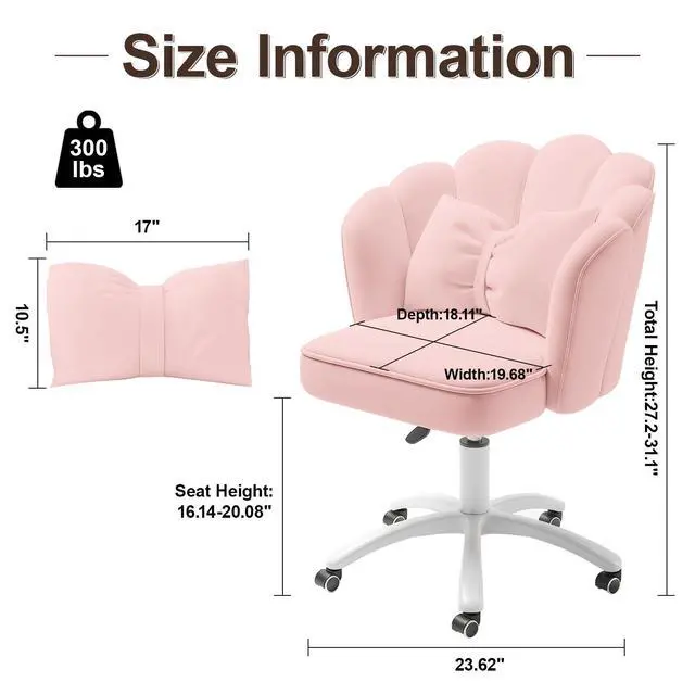 Alt view image 2 of 6 - Vanity Chair with Wheels Velvet Petal Desk Chair Upholstered Tufted Home Office Chair for Women Girls, Height Adjustable Makeup Task Chair for Bedroom Living Room, Pink