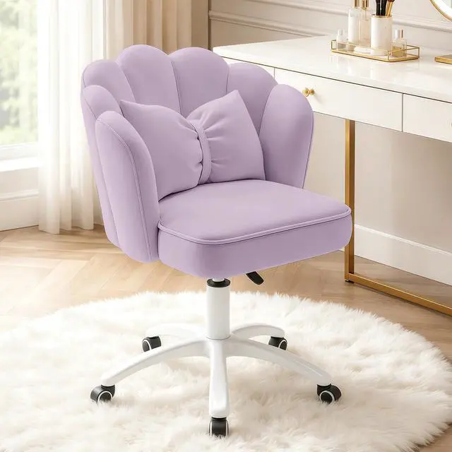 Main image of Vanity Chair with Wheels Velvet Petal Desk Chair Upholstered Tufted Home Office Chair for Women Girls, Height Adjustable Makeup Task Chair for Bedroom Living Room, Purple