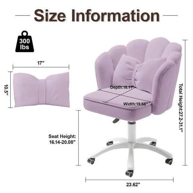 Alt view image 2 of 6 - Vanity Chair with Wheels Velvet Petal Desk Chair Upholstered Tufted Home Office Chair for Women Girls, Height Adjustable Makeup Task Chair for Bedroom Living Room, Purple