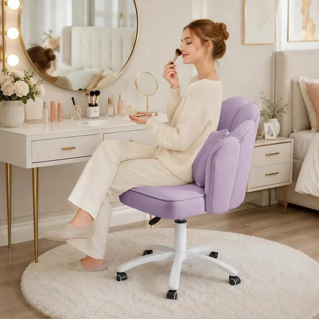 Alt view image 3 of 6 - Vanity Chair with Wheels Velvet Petal Desk Chair Upholstered Tufted Home Office Chair for Women Girls, Height Adjustable Makeup Task Chair for Bedroom Living Room, Purple