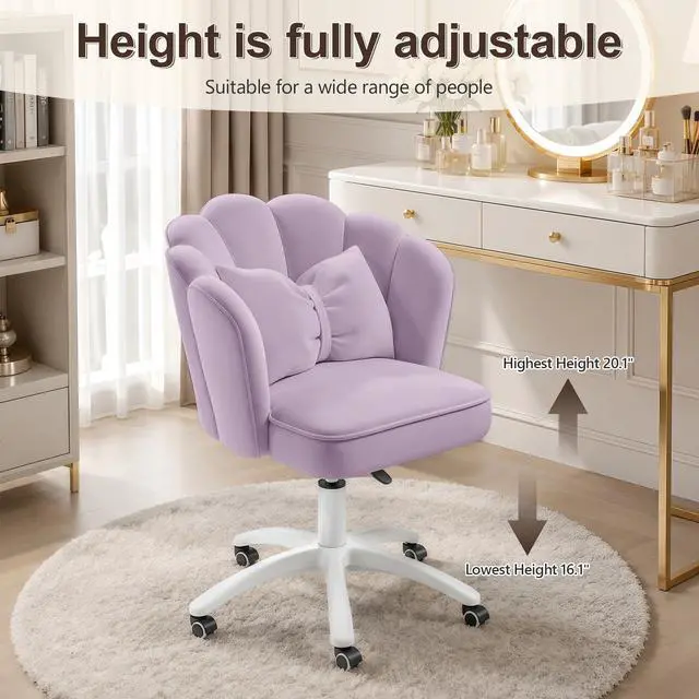 Alt view image 4 of 6 - Vanity Chair with Wheels Velvet Petal Desk Chair Upholstered Tufted Home Office Chair for Women Girls, Height Adjustable Makeup Task Chair for Bedroom Living Room, Purple