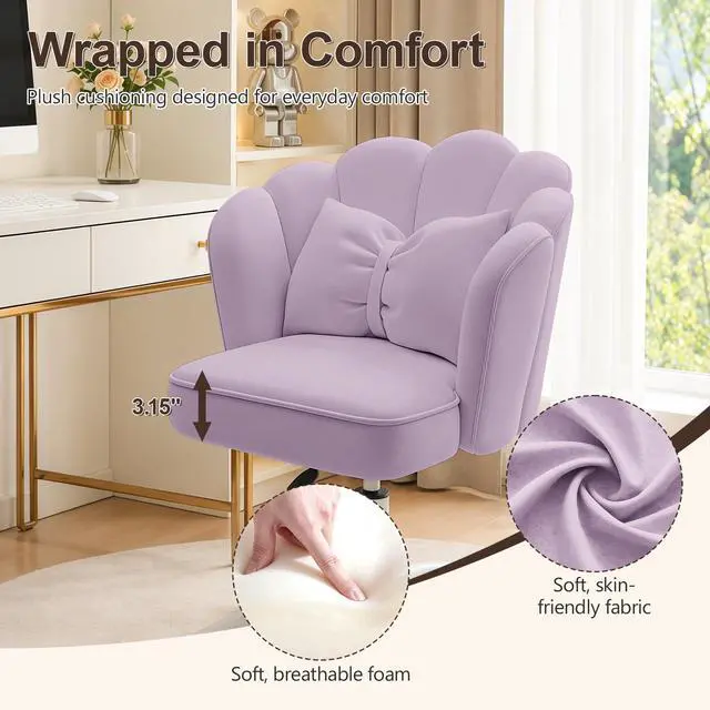 Alt view image 5 of 6 - Vanity Chair with Wheels Velvet Petal Desk Chair Upholstered Tufted Home Office Chair for Women Girls, Height Adjustable Makeup Task Chair for Bedroom Living Room, Purple