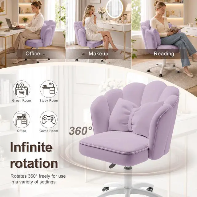 Alt view image 6 of 6 - Vanity Chair with Wheels Velvet Petal Desk Chair Upholstered Tufted Home Office Chair for Women Girls, Height Adjustable Makeup Task Chair for Bedroom Living Room, Purple