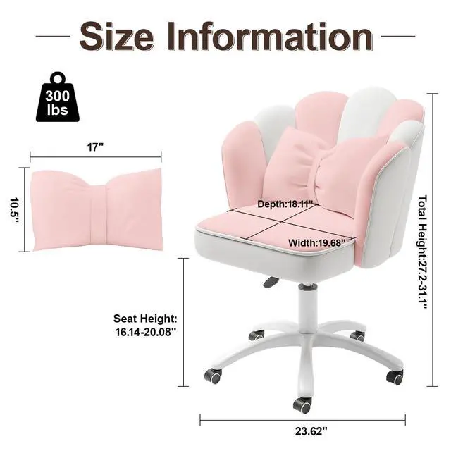 Alt view image 2 of 6 - Vanity Chair with Wheels Velvet Petal Desk Chair Upholstered Tufted Home Office Chair for Women Girls, Height Adjustable Makeup Task Chair for Bedroom Living Room, Pink White