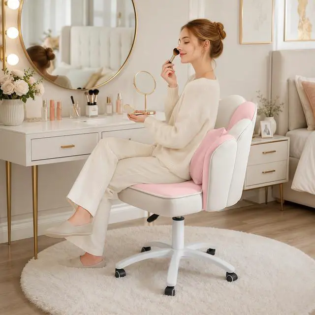 Alt view image 3 of 6 - Vanity Chair with Wheels Velvet Petal Desk Chair Upholstered Tufted Home Office Chair for Women Girls, Height Adjustable Makeup Task Chair for Bedroom Living Room, Pink White