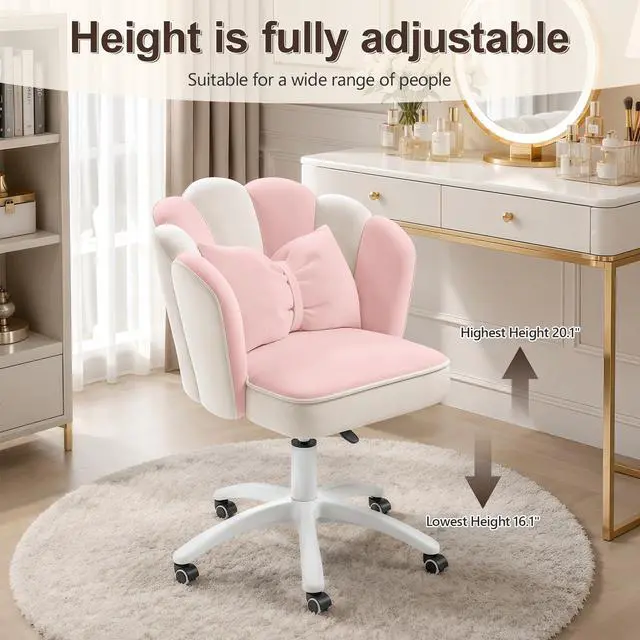 Alt view image 4 of 6 - Vanity Chair with Wheels Velvet Petal Desk Chair Upholstered Tufted Home Office Chair for Women Girls, Height Adjustable Makeup Task Chair for Bedroom Living Room, Pink White