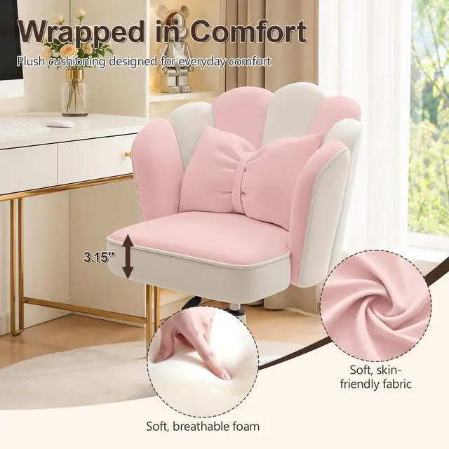 Alt view image 5 of 6 - Vanity Chair with Wheels Velvet Petal Desk Chair Upholstered Tufted Home Office Chair for Women Girls, Height Adjustable Makeup Task Chair for Bedroom Living Room, Pink White