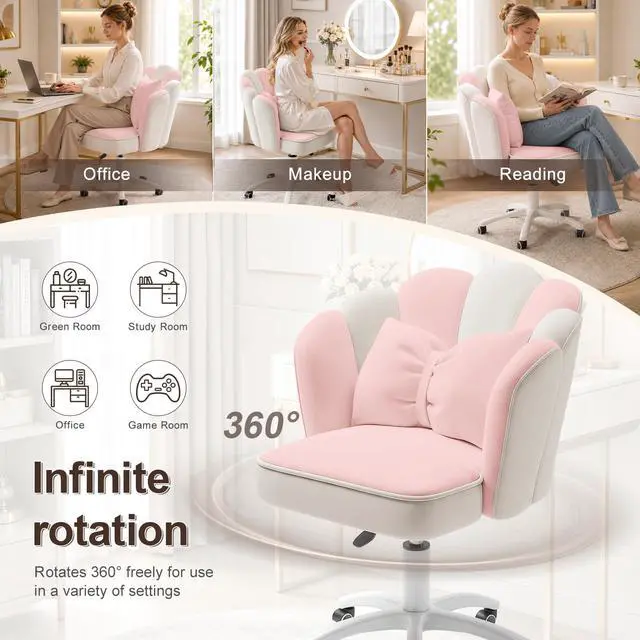 Alt view image 6 of 6 - Vanity Chair with Wheels Velvet Petal Desk Chair Upholstered Tufted Home Office Chair for Women Girls, Height Adjustable Makeup Task Chair for Bedroom Living Room, Pink White