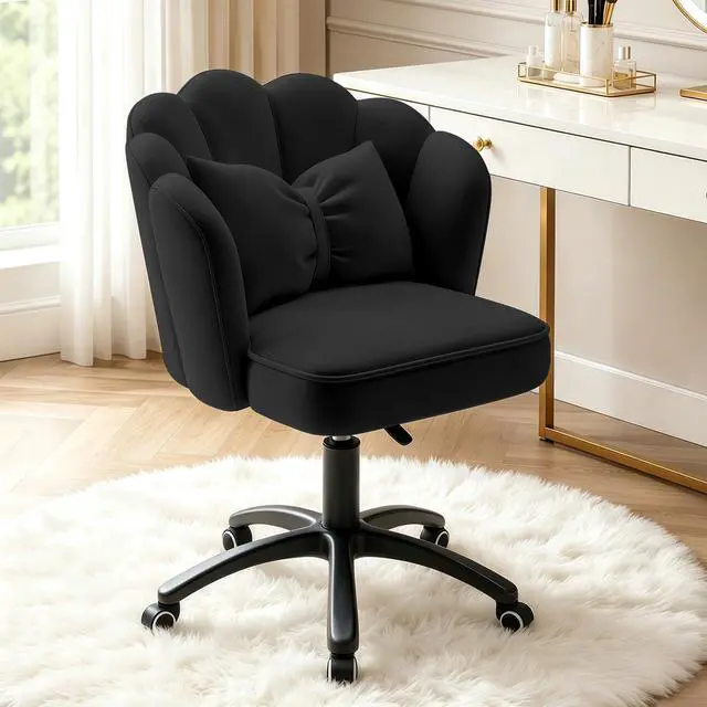 Main image of Vanity Chair with Wheels Velvet Petal Desk Chair Upholstered Tufted Home Office Chair for Women Girls, Height Adjustable Makeup Task Chair for Bedroom Living Room, Black