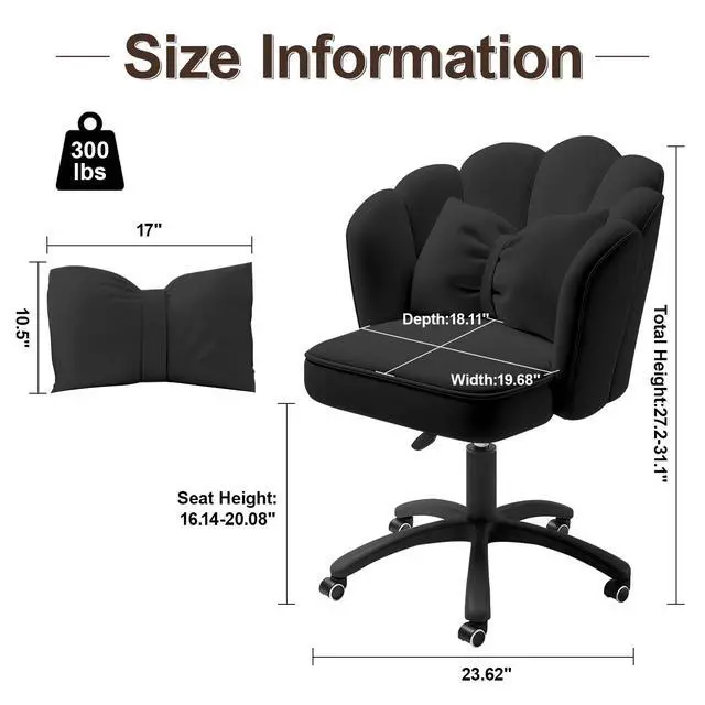 Alt view image 2 of 6 - Vanity Chair with Wheels Velvet Petal Desk Chair Upholstered Tufted Home Office Chair for Women Girls, Height Adjustable Makeup Task Chair for Bedroom Living Room, Black
