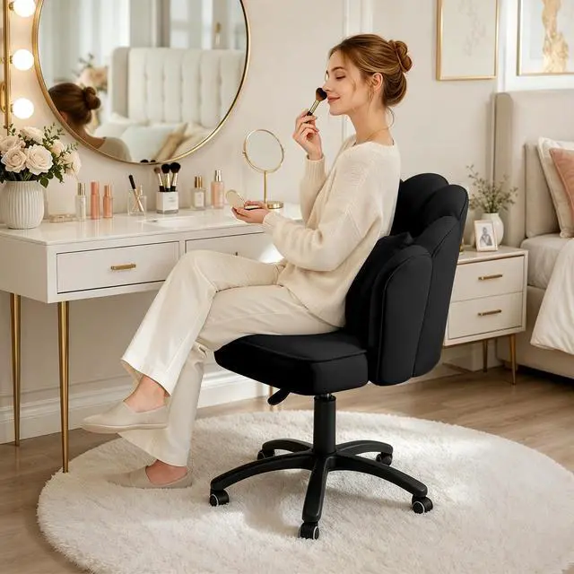 Alt view image 3 of 6 - Vanity Chair with Wheels Velvet Petal Desk Chair Upholstered Tufted Home Office Chair for Women Girls, Height Adjustable Makeup Task Chair for Bedroom Living Room, Black