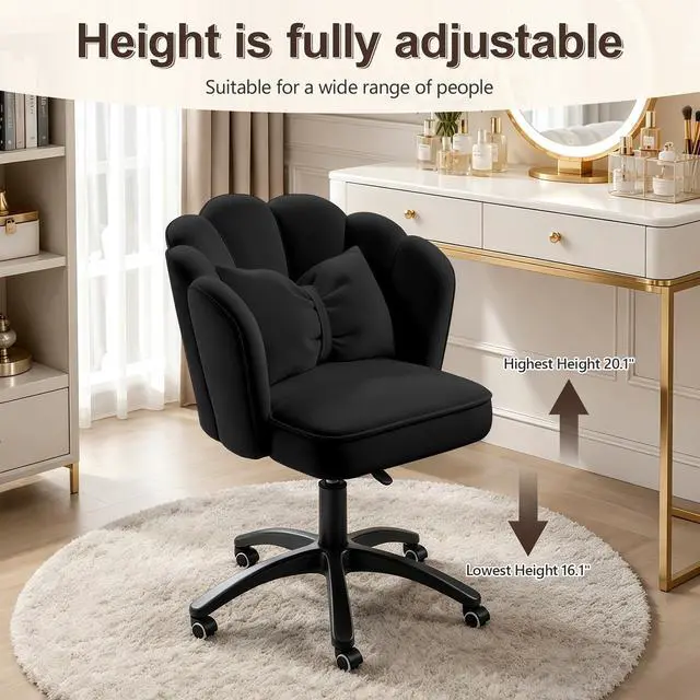Alt view image 4 of 6 - Vanity Chair with Wheels Velvet Petal Desk Chair Upholstered Tufted Home Office Chair for Women Girls, Height Adjustable Makeup Task Chair for Bedroom Living Room, Black