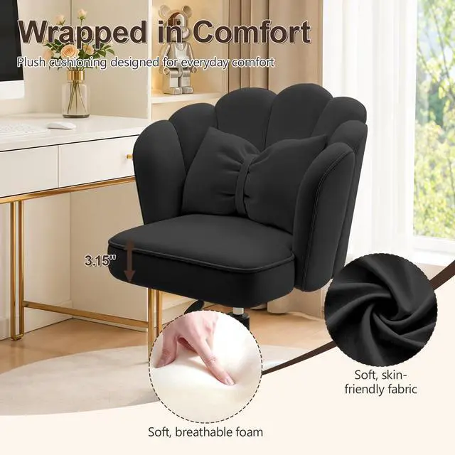 Alt view image 5 of 6 - Vanity Chair with Wheels Velvet Petal Desk Chair Upholstered Tufted Home Office Chair for Women Girls, Height Adjustable Makeup Task Chair for Bedroom Living Room, Black