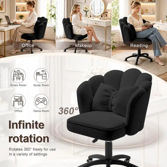 Alt view image 6 of 6 - Vanity Chair with Wheels Velvet Petal Desk Chair Upholstered Tufted Home Office Chair for Women Girls, Height Adjustable Makeup Task Chair for Bedroom Living Room, Black