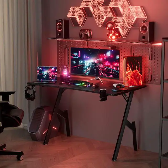 Alt view image 2 of 6 - 47 Inch Gaming Desk, Large Computer Gaming Desk Table with Cable Management, Ergonomic Carbon Fiber Gamer Table Pc Work Home Office Desks with Cup Holder & Headphone Hook & Mouse Pad, Black