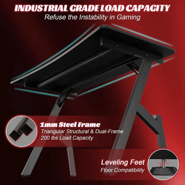 Alt view image 4 of 6 - 47 Inch Gaming Desk, Large Computer Gaming Desk Table with Cable Management, Ergonomic Carbon Fiber Gamer Table Pc Work Home Office Desks with Cup Holder & Headphone Hook & Mouse Pad, Black