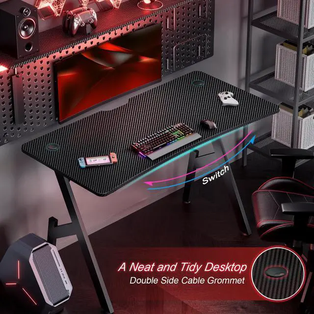 Alt view image 6 of 6 - 47 Inch Gaming Desk, Large Computer Gaming Desk Table with Cable Management, Ergonomic Carbon Fiber Gamer Table Pc Work Home Office Desks with Cup Holder & Headphone Hook & Mouse Pad, Black