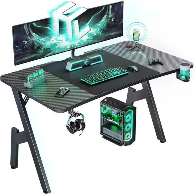 Main image of 55 Inch Gaming Desk, Large Computer Desk Gaming Table with Cable Management, Ergonomic Carbon Fiber Gamer Table Pc Work Home Office Desks with Cup Holder & Headphone Hook & Mouse Pad, Black