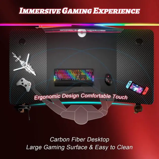 Alt view image 4 of 6 - 55 Inch Gaming Desk, Large Computer Desk Gaming Table with Cable Management, Ergonomic Carbon Fiber Gamer Table Pc Work Home Office Desks with Cup Holder & Headphone Hook & Mouse Pad, Black