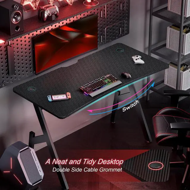 Alt view image 6 of 6 - 55 Inch Gaming Desk, Large Computer Desk Gaming Table with Cable Management, Ergonomic Carbon Fiber Gamer Table Pc Work Home Office Desks with Cup Holder & Headphone Hook & Mouse Pad, Black