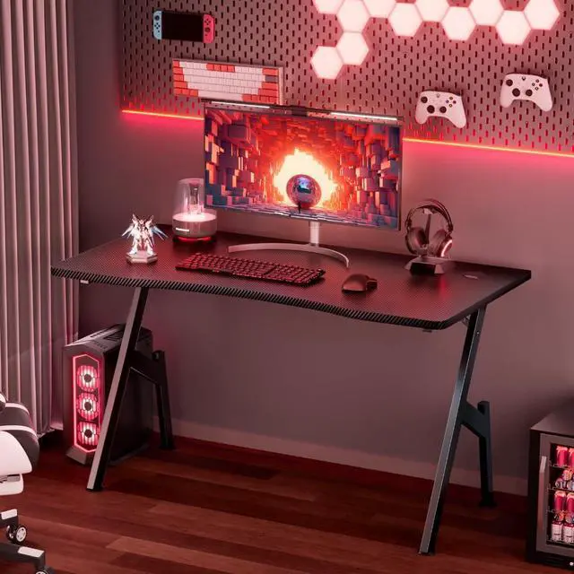 Alt view image 2 of 6 - 40 Inch Gaming Desk, Small Computer Gaming Desk Table with Cable Management, Ergonomic A Shape Modern Carbon Fiber Gamer Table Pc Workstation Home Office Desks for Small Space, Black