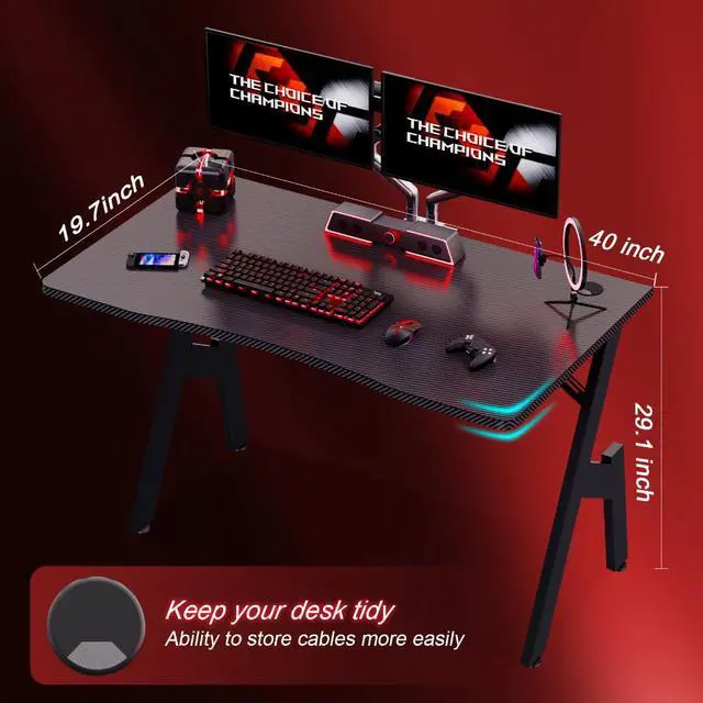 Alt view image 3 of 6 - 40 Inch Gaming Desk, Small Computer Gaming Desk Table with Cable Management, Ergonomic A Shape Modern Carbon Fiber Gamer Table Pc Workstation Home Office Desks for Small Space, Black
