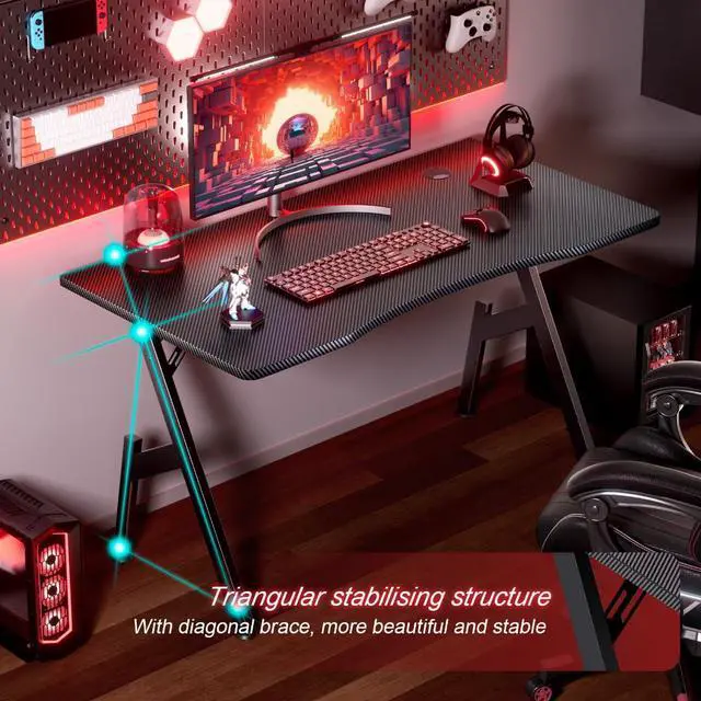Alt view image 4 of 6 - 40 Inch Gaming Desk, Small Computer Gaming Desk Table with Cable Management, Ergonomic A Shape Modern Carbon Fiber Gamer Table Pc Workstation Home Office Desks for Small Space, Black