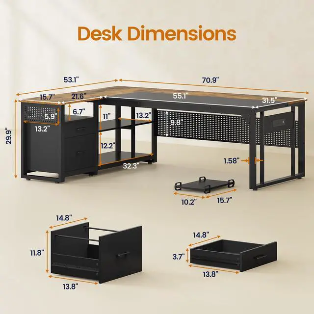 Alt view image 2 of 6 - 71 in Executive Desk with Power Outlets, Reversible L Shaped Desk with File Drawers & Storage Shelves, Large Office Desk Computer Desk with Pegboard, Mobile CPU Stand, Modern Corner Desk