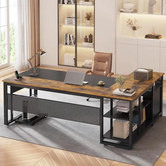 Alt view image 3 of 6 - 71 in Executive Desk with Power Outlets, Reversible L Shaped Desk with File Drawers & Storage Shelves, Large Office Desk Computer Desk with Pegboard, Mobile CPU Stand, Modern Corner Desk