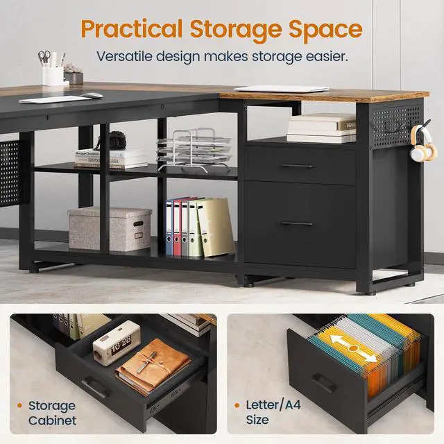 Alt view image 6 of 6 - 71 in Executive Desk with Power Outlets, Reversible L Shaped Desk with File Drawers & Storage Shelves, Large Office Desk Computer Desk with Pegboard, Mobile CPU Stand, Modern Corner Desk