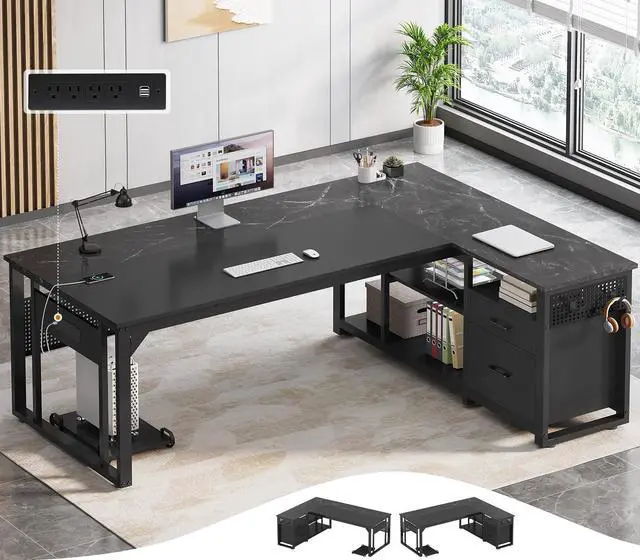 Main image of 71 in Executive Desk with Power Outlets, Reversible L Shaped Desk with File Drawers & Storage Shelves, Large Office Desk Computer Desk with Pegboard, Mobile CPU Stand, Modern Corner Desk (Black)