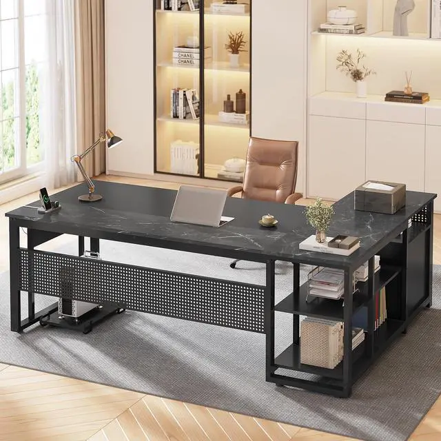 Alt view image 3 of 6 - 71 in Executive Desk with Power Outlets, Reversible L Shaped Desk with File Drawers & Storage Shelves, Large Office Desk Computer Desk with Pegboard, Mobile CPU Stand, Modern Corner Desk (Black)