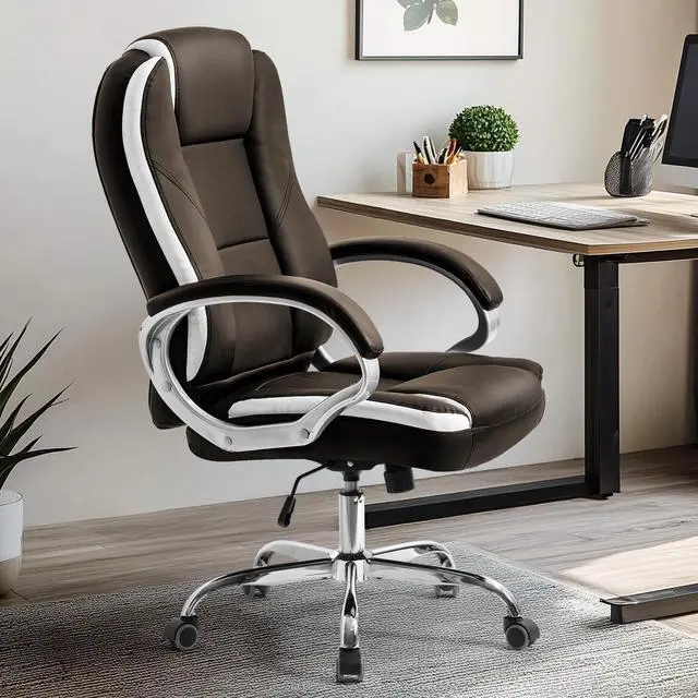 Alt view image 2 of 6 - Office Desk Ergonomic Gaming Computer Chair High Back Adjustable PU Leather with Lumbar Support, Swivel Rolling Wheels, Executive Managerial Task Chair (Brown)