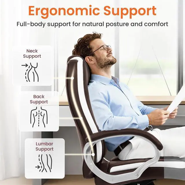 Alt view image 5 of 6 - Office Desk Ergonomic Gaming Computer Chair High Back Adjustable PU Leather with Lumbar Support, Swivel Rolling Wheels, Executive Managerial Task Chair (Brown)