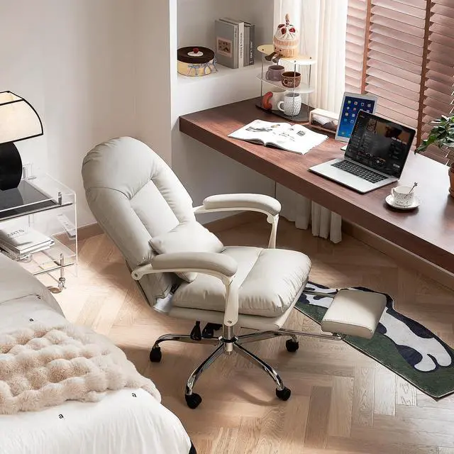 Alt view image 2 of 6 - Office Chair with Foot Rest Reclining Desk Chair Comfy, PU Leather | Home Office Desk Chairs Criss Cross Chair With Wheels Mid Back Swivel Chair for Home, Beige
