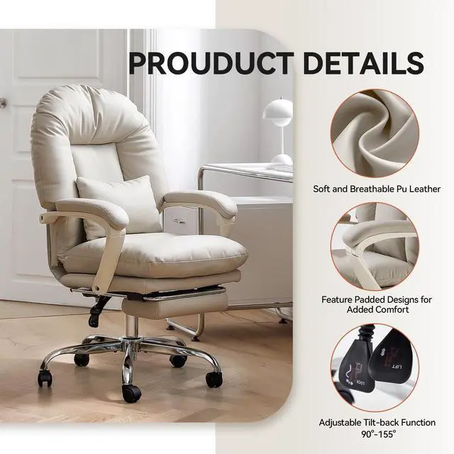 Alt view image 5 of 6 - Office Chair with Foot Rest Reclining Desk Chair Comfy, PU Leather | Home Office Desk Chairs Criss Cross Chair With Wheels Mid Back Swivel Chair for Home, Beige