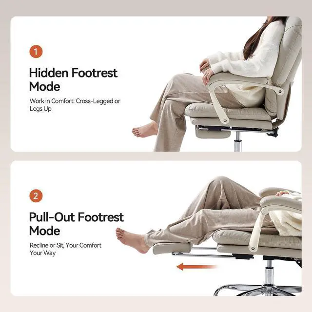 Alt view image 6 of 6 - Office Chair with Foot Rest Reclining Desk Chair Comfy, PU Leather | Home Office Desk Chairs Criss Cross Chair With Wheels Mid Back Swivel Chair for Home, Beige